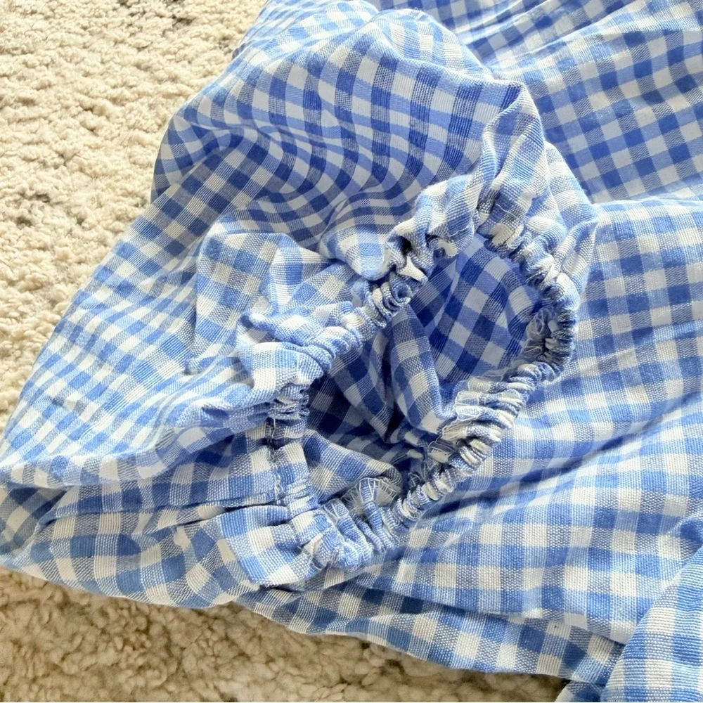 NWOT-Woman’s Blue Plaid Gingham Babydoll Top w/ Tie Front Short Puff Sleeves - Picture 6 of 14